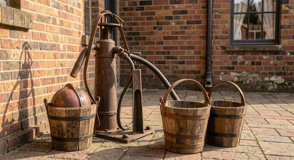 Historische Handdruckspritze neben Ledermhelmen und hölzernen Wassereimern