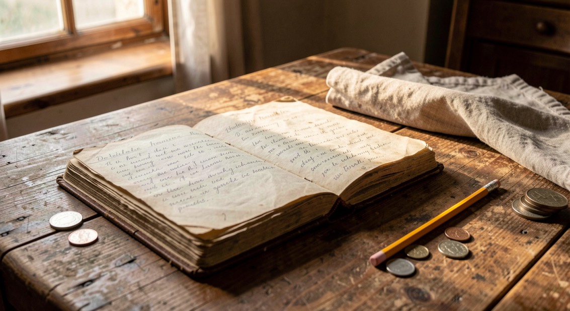 Geöffnetes Haushaltsbuch mit handschriftlichen Tabellen, kleinen Summen und abgenutzten Ecken