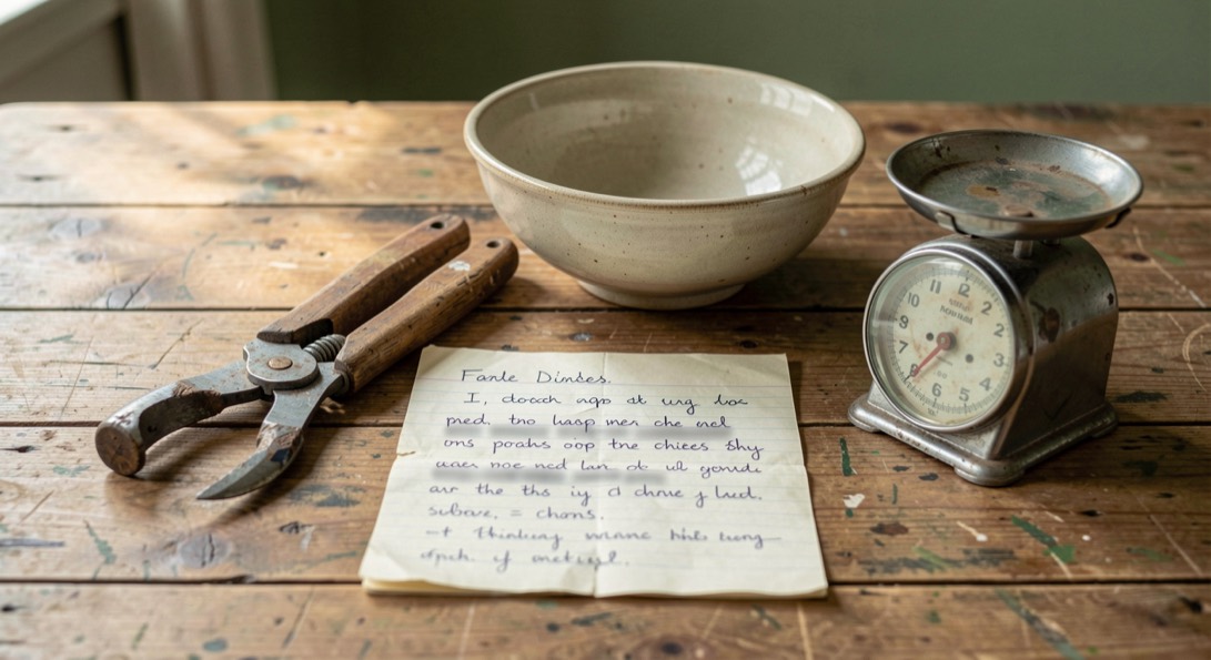 Archivtafel mit Rezeptkarte und Werkzeug