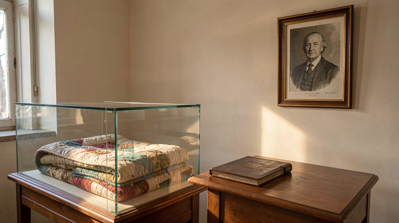 Innenraum eines kleinen Museums: eine Glasvitrine mit einer gefalteten Decke, daneben ein geschlossenes Hauptbuch und ein gerahmtes Porträt an der Wand, warmes Licht von der Seite, Weitwinkelaufnahme.